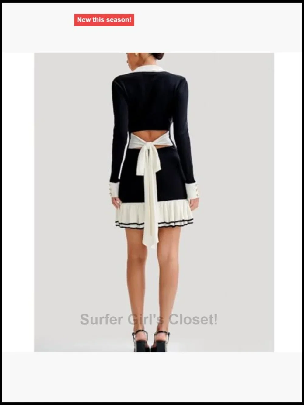 Long Sleeve Ruffle Hem Knit Sweater Dress Collared Back Tie Mini Bodycon Dress